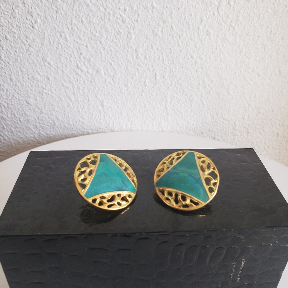 Vintage EDGAR BEREBI signed Earrings   Turquoise Enamel Gold Enamel Clip -ons.